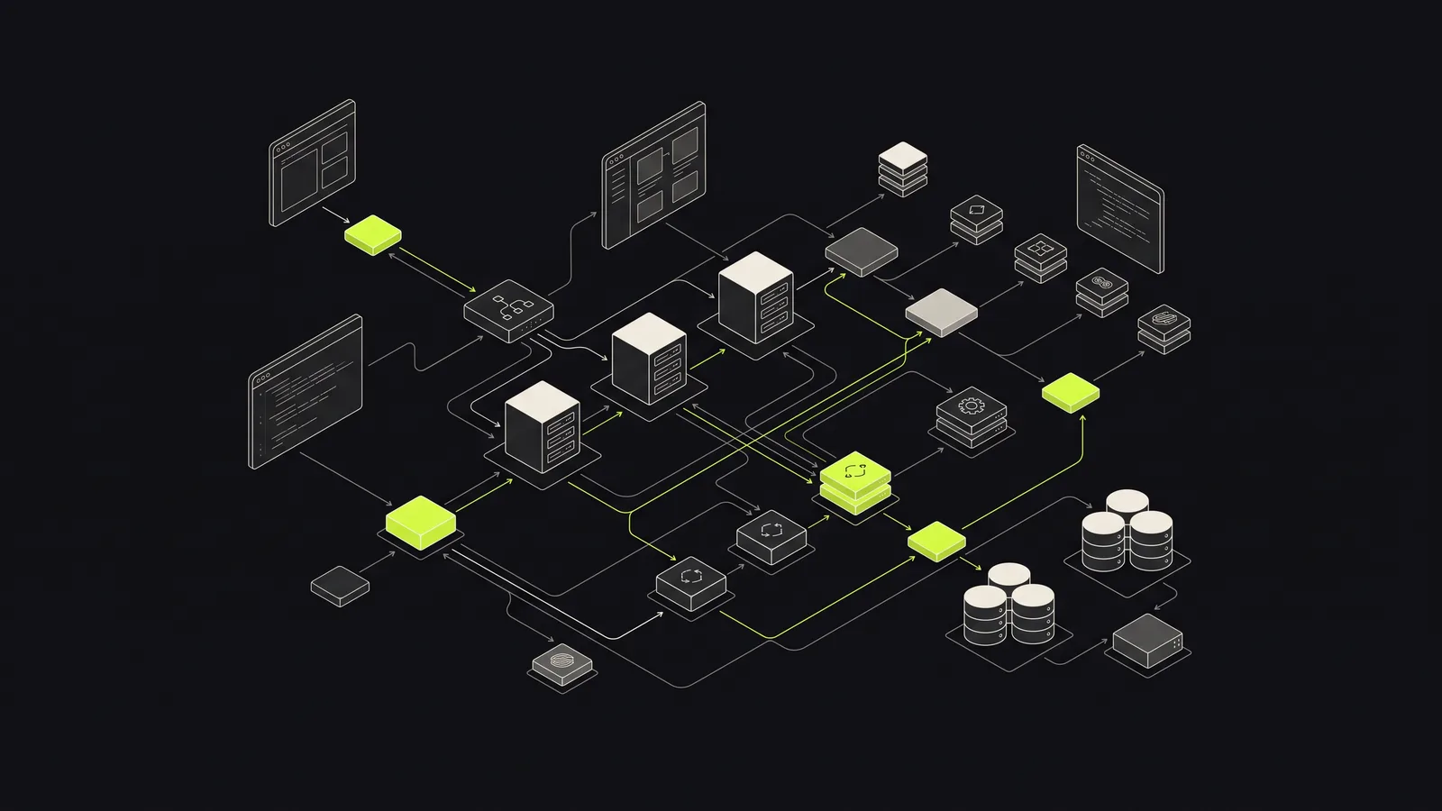 Isometric diagram of a web application architecture in lime on charcoal